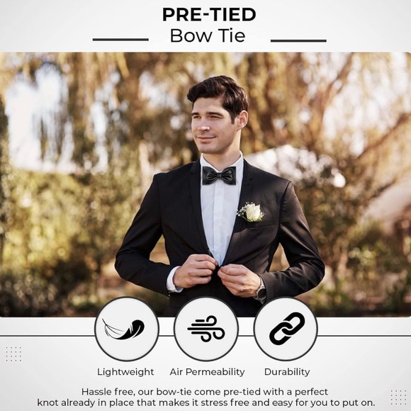 Black faux Leather Adjustable Pre-Tied Bow Tie - Picture 3 of 4